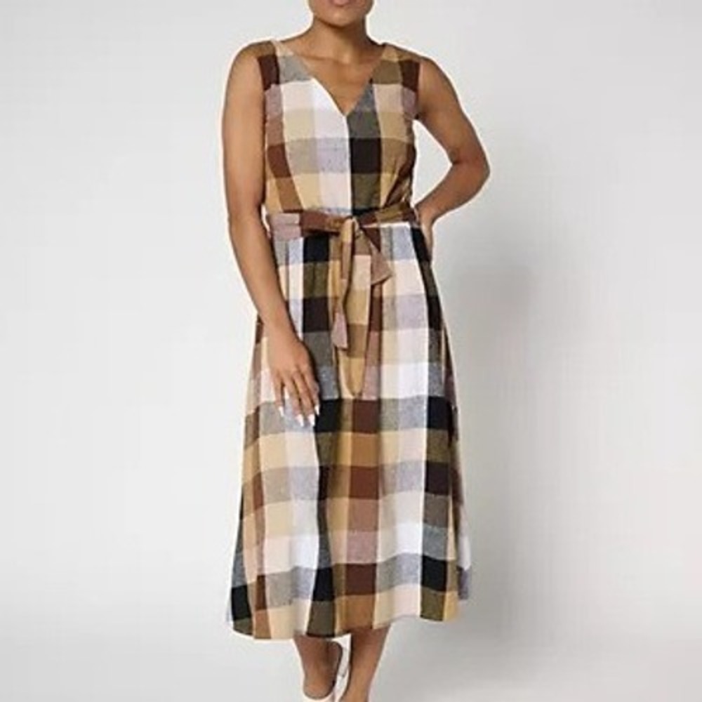 Isaac Mizrahi Live Midi Dress Womens XXS Nuetral Regular Madras Plaid Self Belt‎